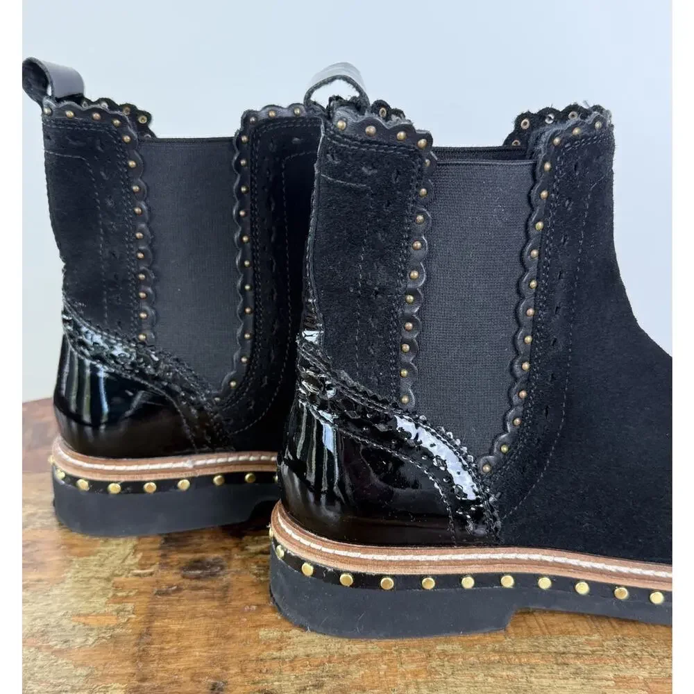 Free People Black Suede Chelsea Ankle Boots Patent Cap Toe Studded EU 38 US 7.5